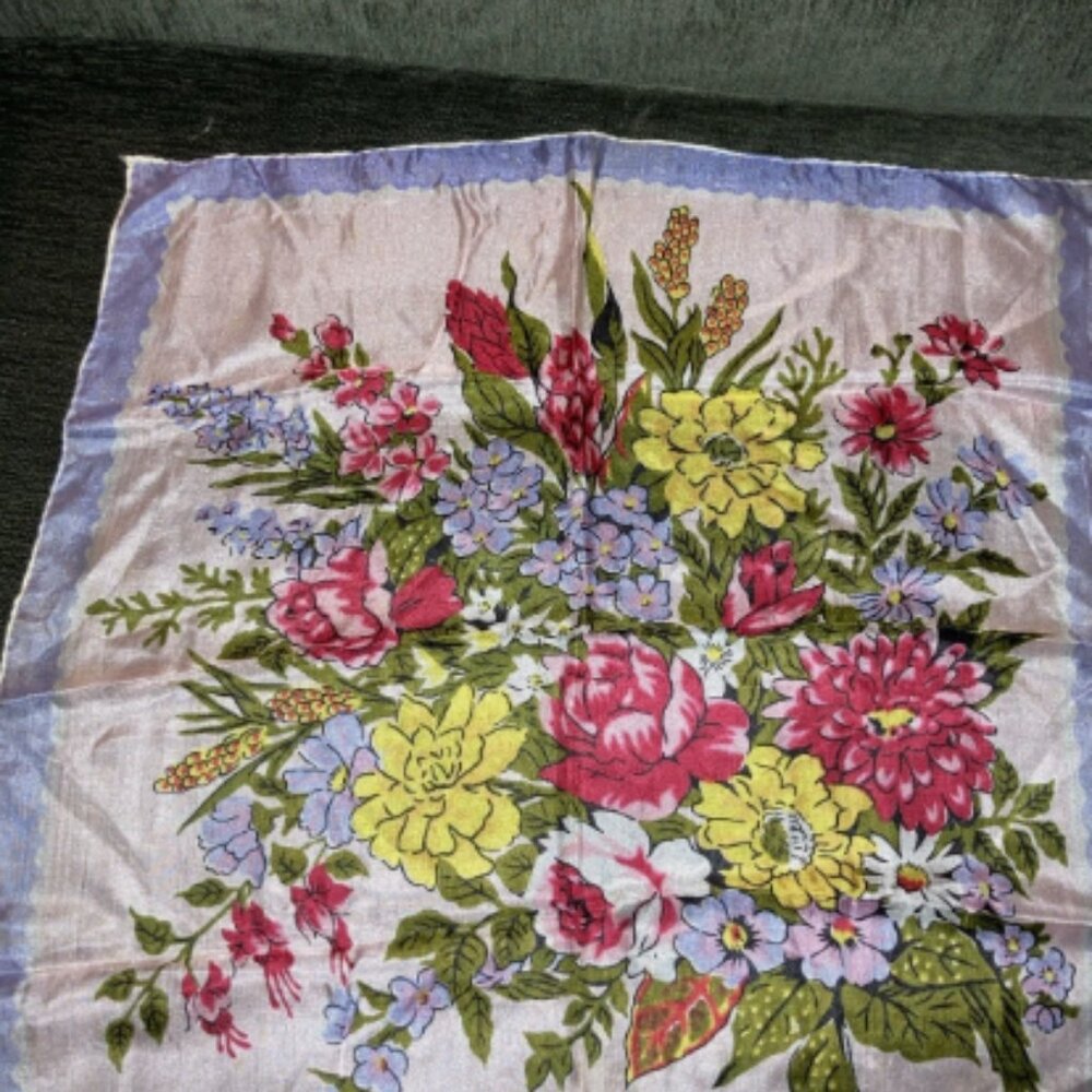 Vintage Floral Bouquet Silk Scarf Hand Rolled Edges Gray Purple Border 16.5x17